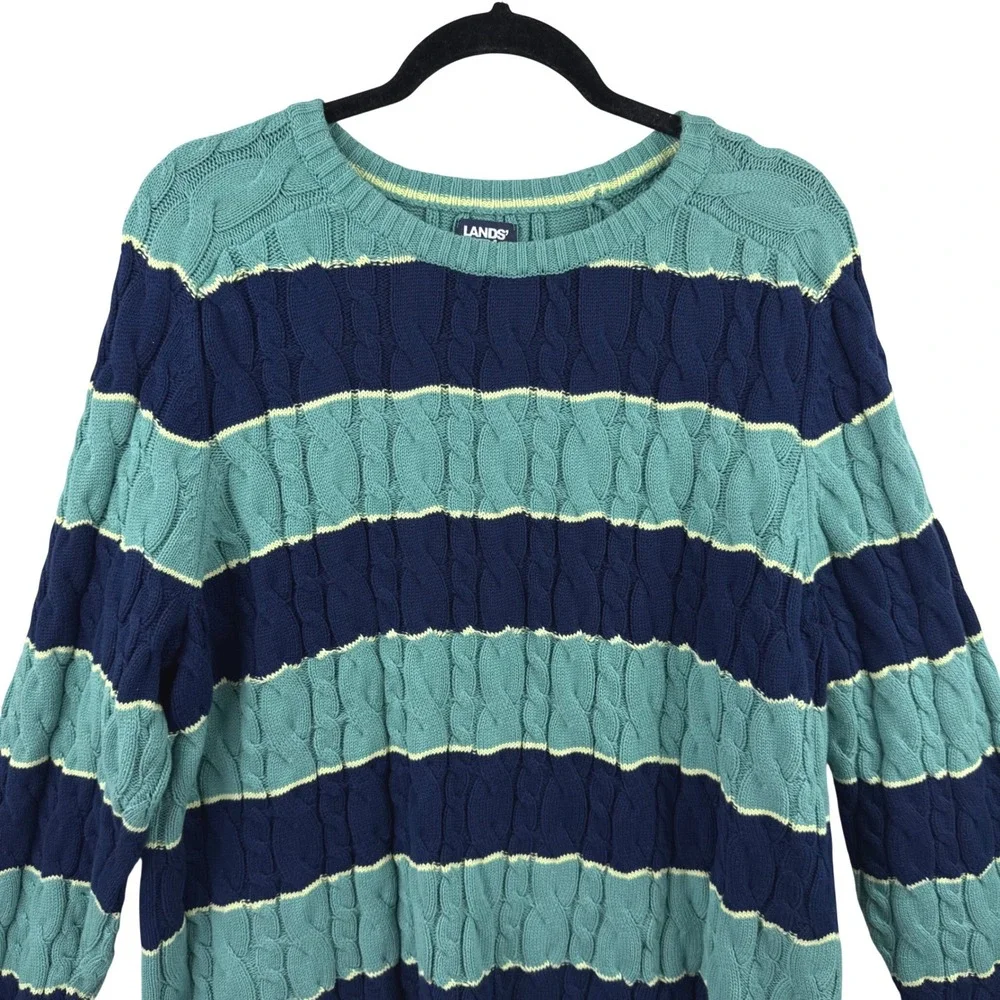 Lands' End Drifter Sweater Womens XL Blue Teal Striped Cable Knit Cotton Preppy